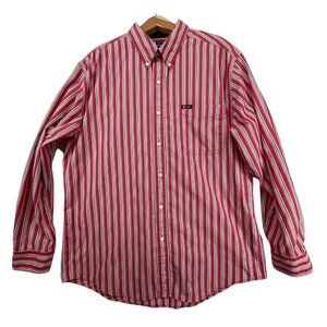 Vtg Chaps Men Long Sleeve Button Shirt Sz L Red Striped Preppy BizCasual Classic
